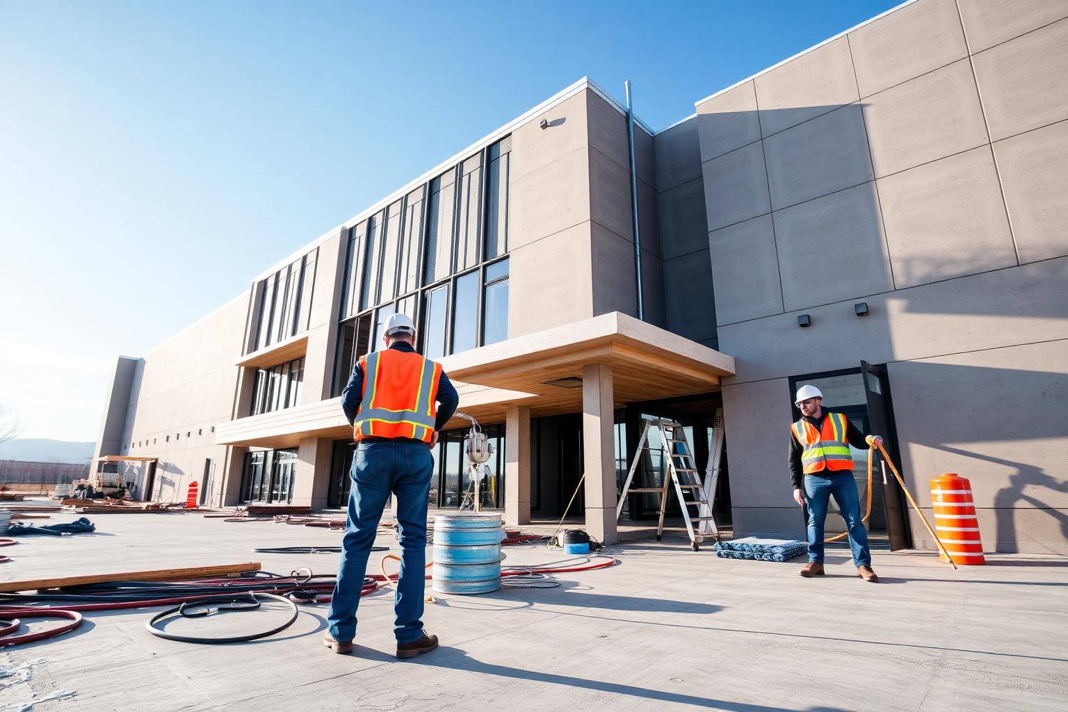 Commercial insulation crew working on a modern building in Denver, Colorado